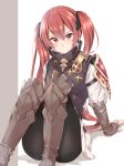  1girl armored_boots black_legwear blush boots brown_footwear brown_gloves fingerless_gloves fire_emblem fire_emblem_if gloves grey_background hair_between_eyes hair_ribbon jiino knees_together_feet_apart long_sleeves looking_at_viewer luna_(fire_emblem_if) nintendo pants red_eyes red_hair ribbon shirt short_hair_with_long_locks shoulder_armor sitting solo turtleneck twintails two-tone_background vest white_background 