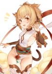  1girl andira_(granblue_fantasy) animal_ears blonde_hair breasts detached_sleeves erune gluteal_fold granblue_fantasy hana_mori highres leotard looking_at_viewer monkey_ears monkey_tail open_mouth sideboob small_breasts solo tail thighhighs two_side_up 