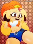  &lt;3 &lt;3_eyes 2019 anthro big_eyes biped black_eyes blonde_hair braces canid canine canis clothing crop_top crossgender domestic_dog dongitos english_text eyelashes female floppy_ears gesture hair hair_ornament hat headgear headwear hi_res long_hair mammal midriff mtf_crossgender nipple_outline parappa parappa_the_rapper pattern_background shirt shorts signature simple_background smile sony_corporation sony_interactive_entertainment text topwear v_sign video_games wide_hips 