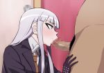  1boy 1girl akizora animated animated_gif bangs blunt_bangs blush censored clothed_female_nude_male coat collared_shirt danganronpa danganronpa_1 erection from_side gloves half-closed_eyes hetero kirigiri_kyouko lips long_hair mosaic_censoring nude open_mouth pubic_hair purple_eyes purple_hair saliva school_uniform shirt sidelocks stray_pubic_hair ugoira 