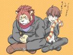  4:3 anthro brown_hair clothed clothing duo felid fur hair human male mammal nomad_(tas) pantherine red_hair scarf srw225we striped_fur stripes tiger tokyo_afterschool_summoners twink_protagonist_(tas) video_games 