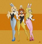  3girls animal_ears ass bangs bare_shoulders black_leotard black_neckwear blonde_hair blue_earrings blue_eyes blue_footwear blue_legwear bow bowtie breasts brown_hair bunny_ears bunny_tail bunnysuit cleavage contrapposto detached_collar earrings elbow_gloves enchant fake_animal_ears full_body gloves hair_over_one_eye hand_on_hip hand_up high_heels highres jewelry large_breasts leotard lips long_hair looking_at_viewer mario_(series) medium_breasts multiple_girls nintendo open_mouth pantyhose parted_lips pink_earrings pink_footwear pink_legwear princess_daisy princess_peach rosalina sideboob standing strapless strapless_leotard super_mario_bros. super_mario_galaxy tail very_long_hair white_gloves yellow_earrings yellow_footwear yellow_legwear 