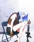  1girl assault_rifle barefoot bike_shorts blue_eyes blue_hair chair commentary english_commentary folding_chair gloves gun headset highres holding holding_gun holding_weapon load_bearing_vest long_hair looking_at_viewer m4_carbine original rifle robota81 sitting weapon 