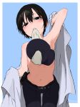  1girl armpits artist_request belt black_hair blue_eyes blush covering_self dress_shirt flat_chest hat highres kino kino_no_tabi looking_at_viewer navel object_in_mouth open_clothes pants shirt short_hair simple_background tomboy topless undressing 