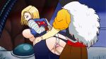  1boy 1girl android_18 ass black_shirt blonde_hair blue_eyes bouncing_breasts bound bound_wrists breasts clothed_sex doggystyle dragon_ball dragonball_z earrings hands_on_hips huge_ass jacket jewelry long_sleeves looking_back panties pantyhose penis pinkpawg pussy sex shirt striped thick_thighs thighs tongue tongue_out uncensored underwear vaginal wide_hips 