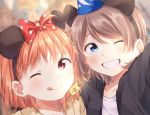  2girls ;q ahoge bangs black_jacket blue_eyes blue_headwear blurry blurry_background blush bow brown_hair commentary_request disneyland grey_hair grin hair_bow highres jacket looking_at_viewer love_live! love_live!_sunshine!! makura_(makura0128) mickey_mouse_ears multiple_girls one_eye_closed orange_hair polka_dot polka_dot_bow portrait red_bow red_eyes self_shot shirt short_hair smile takami_chika tongue tongue_out watanabe_you white_shirt yellow_bow 