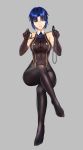  1girl alternate_costume axia-chan bare_shoulders blue_eyes blue_hair breasts chains ciel cleavage collar commission covered_navel cravat elbow_gloves glasses gloves grey_background large_breasts legs_crossed leotard pantyhose short_hair smile solo tsukihime 