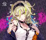  1girl black_nails blonde_hair breasts choker cleavage commentary_request green_eyes green_hair hair_between_eyes hairband jacket long_hair looking_at_viewer medium_breasts nail_polish original parted_lips pokimari solo two_side_up upper_body yellow_nails 
