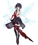  1girl alice_(sinoalice) black_hair blood blood_on_face blood_splatter bloody_clothes bloody_weapon brown_eyes clothes_around_waist contemporary empty_eyes energy_sword energy_wings full_body hair_over_one_eye headphones headphones_around_neck jacket_around_waist ji_no looking_at_viewer official_art plaid plaid_skirt shirt short_hair sinoalice skirt smile solo sword thighhighs torn_clothes torn_legwear transparent_background weapon white_shirt 