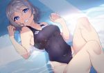  1girl blue_eyes covered_navel grey_hair grin hands_up knees_up lens_flare looking_at_viewer love_live! love_live!_sunshine!! lying on_back one-piece_swimsuit partially_submerged short_hair smile solo swimsuit watanabe_you yamaori_(yamaorimon) 