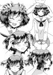  1girl :d adjusting_another&#039;s_hair akiyama_yukari black_neckwear blouse disembodied_hands disembodied_limb doujinshi faceless faceless_male from_side frown girls_und_panzer hair_pull hand_in_another&#039;s_hair hand_on_another&#039;s_head highres hirota_masatane legs_together long_sleeves looking_back messy_hair miniskirt monochrome multiple_views neckerchief ooarai_school_uniform open_mouth petting pleated_skirt school_uniform screentones seiza serafuku short_hair sitting skirt smile sweat white_background white_blouse 