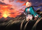  1girl absurdres ahoge arm_guards black_bow black_scarf blonde_hair bow fate/grand_order fate_(series) hair_bow half_updo haori highres holding holding_sword holding_weapon japanese_clothes katana kimono koha-ace mountainous_horizon obi okita_souji_(fate) okita_souji_(fate)_(all) one_eye_closed outdoors sash scarf shinsengumi short_kimono sky solo standing sword weapon white_kimono wide_sleeves yellow_eyes yu_sa1126 