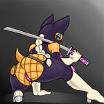  1:1 big_butt blackbetty butt cat_costume chiropteran clothing costume female fishnet hair looking_at_viewer mammal melee_weapon ninja omegasunburst panties rouge_the_bat simple_background solo sonic_(series) sword thick_thighs underwear weapon 