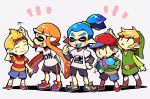  1girl bangs baseball_cap bike_shorts black_hair black_shorts blonde_hair blue_eyes blunt_bangs brown_hair domino_mask eyes_closed fang fangs hat ink_tank_(splatoon) inkling link long_hair lucas mask mother_(game) mother_2 mother_3 multiple_boys ness nintendo pointy_ears short_hair shorts smile splatoon splatoon_(series) splatoon_1 splattershot_(splatoon) squid striped super_smash_bros. teijiro tentacle_hair the_legend_of_zelda the_legend_of_zelda:_the_wind_waker toon_link topknot 