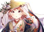  1girl adjusting_clothes adjusting_hat bangs clothing_request commentary_request floral_print flower flower_knot hair_ribbon haregi hat hat_flower highres japanese_clothes kimono love_live! love_live!_sunshine!! makura_(makura0128) orange_hair red_eyes red_ribbon ribbon short_hair solo takami_chika upper_body veil white_flower wide_sleeves 