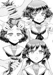  1girl :o adjusting_another&#039;s_hair akiyama_yukari alternate_hairstyle blouse disembodied_hands disembodied_limb doujinshi embarrassed girls_und_panzer hand_in_another&#039;s_hair hand_on_another&#039;s_head hand_on_own_shoulder highres hirota_masatane long_sleeves messy_hair monochrome multiple_views neckerchief ooarai_school_uniform school_uniform screentones serafuku short_hair sitting white_background white_blouse 