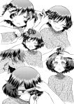  1girl :o adjusting_another&#039;s_hair akiyama_yukari barber disembodied_hands disembodied_limb doujinshi eyes_closed frown girls_und_panzer hand_in_another&#039;s_hair hand_on_another&#039;s_head highres hirota_masatane jitome looking_up messy_hair monochrome multiple_views pulling screentones short_hair sitting smile white_background 