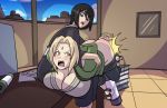  2girls ass axel-rosered bent_over black_hair blonde_hair breast_press breasts cleavage dark_hair desk feet female forehead_jewel huge_breasts japanese_clothes kimono medium_hair multiple_girls naruto naruto_(series) pants_down shizune_(naruto) spanking thick_thighs thighs tsunade wide_hips 