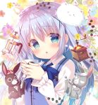  1girl :o angora_rabbit animal anko_(gochiusa) bangs blue_dress blue_eyes blue_hair blue_neckwear blush bow bowtie bunny coffee_beans coffee_grinder coffee_press collared_shirt commentary_request crown cup dress floral_background frilled_sleeves frills gochuumon_wa_usagi_desu_ka? hair_ornament holding holding_cup kafuu_chino long_hair long_sleeves looking_at_viewer mitsumomo_mamu mug pinafore_dress shirt solo spoon tippy_(gochiusa) upper_body wild_geese x_hair_ornament 