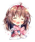  1girl :d ^_^ ahoge bangs blush braid brown_hair chibi closed_eyes commentary_request eyes_closed floral_print flower frills hair_flower hair_ornament hair_ribbon heart japanese_clothes kimono kokoa-chan_(pan_(mimi)) long_hair long_sleeves maid_headdress no_shoes obi open_mouth original pan_(mimi) pink_flower pink_kimono red_ribbon ribbon sash side_braid simple_background smile solo thighhighs white_background white_legwear wide_sleeves 