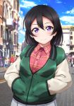  1girl bangs black_hair blurry blurry_background blush collared_shirt crowd dated green_jacket hands_in_pockets highres jacket long_sleeves looking_at_viewer love_live! love_live!_sunshine!! love_live!_sunshine!!_the_school_idol_movie_over_the_rainbow plaid plaid_skirt pleated_skirt purple_eyes raglan_sleeves red_shirt shiimai shirt short_hair signature skirt smile solo_focus upper_body watanabe_tsuki 