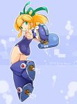  arm_cannon ass blonde_hair blue_footwear blue_swimsuit boots commentary_request from_behind full_body green_eyes highres karukan_(monjya) knee_boots long_hair looking_back one-piece_swimsuit pointy_ears ponytail propeller ribbon rockman roll swimsuit weapon 