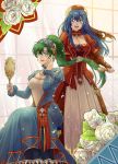  2girls blue_eyes blue_hair dress earrings fingerless_gloves fire_emblem fire_emblem:_fuuin_no_tsurugi fire_emblem:_rekka_no_ken fire_emblem_heroes gloves green_eyes green_hair hairband hat high_ponytail highres jewelry lilina long_hair lyndis_(fire_emblem) mother_and_daughter multiple_girls nintendo ponytail rokusashu white_background 