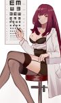  1girl :| black_bra blush bra breast_tattoo breasts cleavage closed_mouth collarbone expressionless eye_chart fate/grand_order fate_(series) garter_straps highres labcoat large_breasts legs_crossed long_hair long_sleeves looking_at_viewer open_clothes pocket pointer purple_hair red_eyes scathach_(fate)_(all) scathach_(fate/grand_order) simple_background sitting skirt solo stool tattoo thighhighs underwear vic white_background 