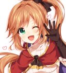  1girl ;d bangs black_gloves black_ribbon blush brown_hair capelet clarisse_(granblue_fantasy) drop_shadow elbow_gloves gloves granblue_fantasy green_eyes hair_intakes hair_ribbon hand_up heart long_hair looking_at_viewer nameneko_(124) one_eye_closed open_mouth orange_hair red_capelet ribbed_sweater ribbon side_ponytail sidelocks smile solo sweater upper_body white_background white_sweater 