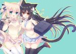  2girls :d :q animal_ear_fluff animal_ears bag bangs black_hair black_legwear blue_neckwear blue_skirt blush bow brown_bow brown_eyes brown_footwear brown_skirt brown_sweater cat_ears cat_girl cat_tail closed_mouth collared_shirt commentary_request crepe cup diagonal-striped_background diagonal_stripes disposable_cup drinking_straw drop_shadow eyebrows_visible_through_hair food green_background green_bow green_eyes hair_between_eyes hair_bow holding holding_cup light_brown_hair loafers long_hair long_sleeves multiple_girls necktie open_mouth original plaid plaid_bow plaid_neckwear plaid_skirt pleated_skirt school_bag school_uniform shirt shoes skirt sleeves_past_wrists smile striped striped_background sumii sweater tail thighhighs tongue tongue_out twintails very_long_hair white_legwear white_shirt 