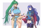  2girls artist_request belt blue_eyes blue_hair blush breasts cape clenched_teeth dress earrings erect_nipples erect_nipples_under_clothes erection fingerless_gloves fire_emblem futanari gloves green_eyes green_hair hair_ornament highres huge_penis jewelry large_breasts long_hair lucina lyndis_(fire_emblem) multiple_girls nintendo nipples nopan penis ponytail precum simple_background skirt skirt_lift small_breasts smile source_request sword teeth testicles tied_hair veins veiny_penis weapon 