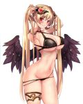  1girl angel_wings armpits bangle bangs bikini black_bikini black_wings blush bracelet bracer breasts commentary_request cowboy_shot demon_horns eyebrows_visible_through_hair fallen_angel feathers gold gold_trim groin hands_up highres horns jewelry large_breasts long_hair looking_at_viewer mole mole_on_breast multi-strapped_bikini navel neck_ribbon original parted_lips red_eyes red_ribbon ribbon short_sleeves sidelocks simple_background skindentation smile solo stomach swimsuit thighs twintails underbust untsue very_long_hair white_background wings 