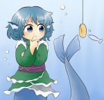 1girl :&lt; air_bubble blue_eyes blue_hair bubble commentary_request crossed_arms doughnut drill_hair drooling eyebrows_visible_through_hair fish fishing_line food freediving frown green_kimono hand_on_own_chin head_fins japanese_clothes kimono long_sleeves looking_to_the_side mermaid monster_girl obi sash short_hair short_kimono solo touhou twin_drills underwater wakasagihime yukimuro 