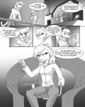  anthro arm_support clothed clothing comic digital_media_(artwork) duo english_text experiment felid feline female frustrated fully_clothed hi_res hikari_ross inside lab_coat leaning leaning_forward mammal monochrome simonaquarius sitting standing text 