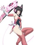  1girl absurdres arm_behind_back armpits bangs bare_shoulders black_hair breasts chuunioniika covered_navel elbow_gloves gloves highres open_mouth pink_gloves pink_legwear purple_eyes senki_zesshou_symphogear simple_background small_breasts solo thighhighs tsukuyomi_shirabe white_background yo-yo 