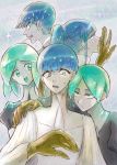 5others androgynous angry bangs blue_eyes blue_hair blunt_bangs cracked crazy_eyes crystal_hair expressionless eyebrows_visible_through_hair gem_uniform_(houseki_no_kuni) golden_arms green_eyes green_hair hand_on_another&#039;s_shoulder happy heterochromia highres houseki_no_kuni long_hair looking_at_another multiple_others multiple_persona necktie open_mouth phosphophyllite phosphophyllite_(ll) ponytail short_hair smile spoilers sweatdrop upper_body white_eyes 