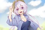  1girl :d blurry blurry_background breasts cleavage cloud hair_between_eyes highres kanaden large_breasts long_hair looking_at_viewer open_mouth photo-referenced purple_eyes purple_hair senki_zesshou_symphogear smile solo twintails yukine_chris 