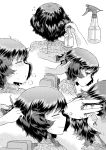  1girl adjusting_another&#039;s_hair akiyama_yukari barber blush bottle comb combing disembodied_hands disembodied_limb doujinshi ear eyes_closed from_side girls_und_panzer hand_in_another&#039;s_hair hand_on_another&#039;s_head heavy_breathing highres hirota_masatane leaning_forward looking_back messy_hair monochrome multiple_views screentones short_hair sitting smile spray_bottle sweat trembling white_background 