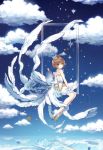  1girl blue_sky brown_hair card_captor_sakura closed_mouth cloud day dress eyebrows_visible_through_hair green_eyes highres kinomoto_sakura looking_at_viewer outdoors pillo short_hair sky smile solo white_dress wings 