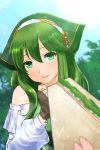  1girl alternate_costume bandanna blue_sky day fingerless_gloves fire_emblem fire_emblem:_monshou_no_nazo fire_emblem_heroes food gloves green_eyes green_hair holding lazulia long_hair long_sleeves nintendo outdoors paola parted_lips sandwich sky solo_focus upper_body 