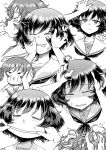  1girl =3= adjusting_another&#039;s_hair akiyama_yukari black_neckwear blouse cheek_press cheek_pull disembodied_hands disembodied_limb doujinshi girls_und_panzer hand_in_another&#039;s_hair hand_on_another&#039;s_head highres hirota_masatane messy_hair monochrome mouth_pull multiple_views neckerchief ooarai_school_uniform school_uniform screentones serafuku short_hair sitting smile wavy_mouth white_background white_blouse 