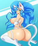  1girl absurdres animal_ears areola areolae ass big_breasts big_hair blue_hair blush breasts cat_ears cat_tail claws curvy felicia green_eyes highres huge_ass large_areola large_breasts long_hair looking_at_viewer looking_back nipples puffy_nipples simple_background sitting smile solo solo_focus tail thick_thighs thighs vampire_(game) wide_hips zzvinniezz 