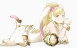  1girl alternate_costume animal_ears blonde_hair boots bunny_ears dress earmuffs easter_egg egg eyebrows_visible_through_hair fire_emblem fire_emblem_heroes full_body gloves green_eyes grey_background high_heel_boots high_heels long_hair looking_at_viewer lying nintendo on_stomach ponytail sharena shoochiku_bai simple_background solo white_dress white_footwear white_gloves wrist_cuffs 