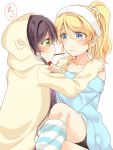  2girls animal_hood ayase_eli bangs blonde_hair blue_eyes blush cat_hood collarbone commentary_request food frown green_eyes hair_between_eyes hair_ornament hair_scrunchie hairband hands_on_another&#039;s_shoulders hood hood_up long_hair looking_at_another loose_socks love_live! love_live!_school_idol_project mogu_(au1127) mouth_hold multiple_girls off_shoulder pocky pocky_kiss ponytail purple_eyes scrunchie shared_food sidelocks simple_background sitting sitting_on_lap sitting_on_person striped striped_legwear toujou_nozomi v-shaped_eyebrows white_background white_scrunchie yellow_hoodie yuri 