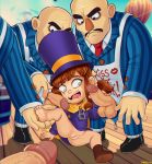  1girl 4boys a_hat_in_time apron blue_eyes bottomless brown_hair cape clitoris eyebrows eyebrows_visible_through_hair female hairy_testicles hat hat_kid highres hot_air_balloon imminent_rape leg_grab legs looking_at_penis mafia_(a_hat_in_time) male mouth_open mustache nervous on_floor outdoors penis penis_on_face purple_coat pussy scared shadman shocked shoes suit sweat sweatdrop testicles tie tongue unzipped vagina veiny_penis wide-eyed wide_eyed yellow_cape zipper 