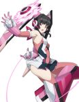  1girl absurdres arm_behind_back armpits bangs bare_shoulders black_hair breasts chuunioniika covered_navel elbow_gloves gloves highres open_mouth pink_gloves pink_legwear purple_eyes senki_zesshou_symphogear simple_background small_breasts solo thighhighs tsukuyomi_shirabe white_background yo-yo 