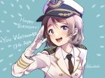  1girl :d anchor_symbol aqua_background artist_name black_neckwear blue_eyes character_name collared_shirt commentary_request dated grey_hair happy_birthday hat highres jacket kate_iwana long_sleeves looking_at_viewer love_live! love_live!_sunshine!! military military_uniform naval_uniform necktie open_mouth salute shirt short_hair signature smile solo uniform upper_body watanabe_you white_jacket white_shirt 