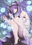  1girl ass bare_shoulders barefoot black_panties bracelet dress euryale fate/hollow_ataraxia fate_(series) flower hairband jewelry knees_to_chest lolita_hairband long_hair looking_at_viewer panties purple_hair solo takubon_(xewh4773) tears twintails underwear very_long_hair white_eyes 
