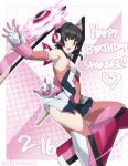  1girl absurdres arm_behind_back armpits bangs bare_shoulders black_hair breasts chuunioniika commentary covered_navel elbow_gloves english_commentary gloves happy_birthday highres microskirt open_mouth pink_gloves pink_legwear purple_eyes senki_zesshou_symphogear skirt small_breasts solo thighhighs tsukuyomi_shirabe twitter_username yo-yo 