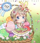  1girl :&gt; animal_ears basket blue_eyes blue_ribbon blush bow bunny_ears character_name chibi clover clover_(flower) commentary_request dated day dress easter easter_egg egg flower green_dress grey_hair group_name hair_bow hair_ornament hair_up hairband hairpin happy_birthday izumi_kirifu looking_at_viewer love_live! love_live!_sunshine!! outdoors petals pink_bow ribbon short_sleeves shoulder_cutout sitting solo striped striped_bow watanabe_you 